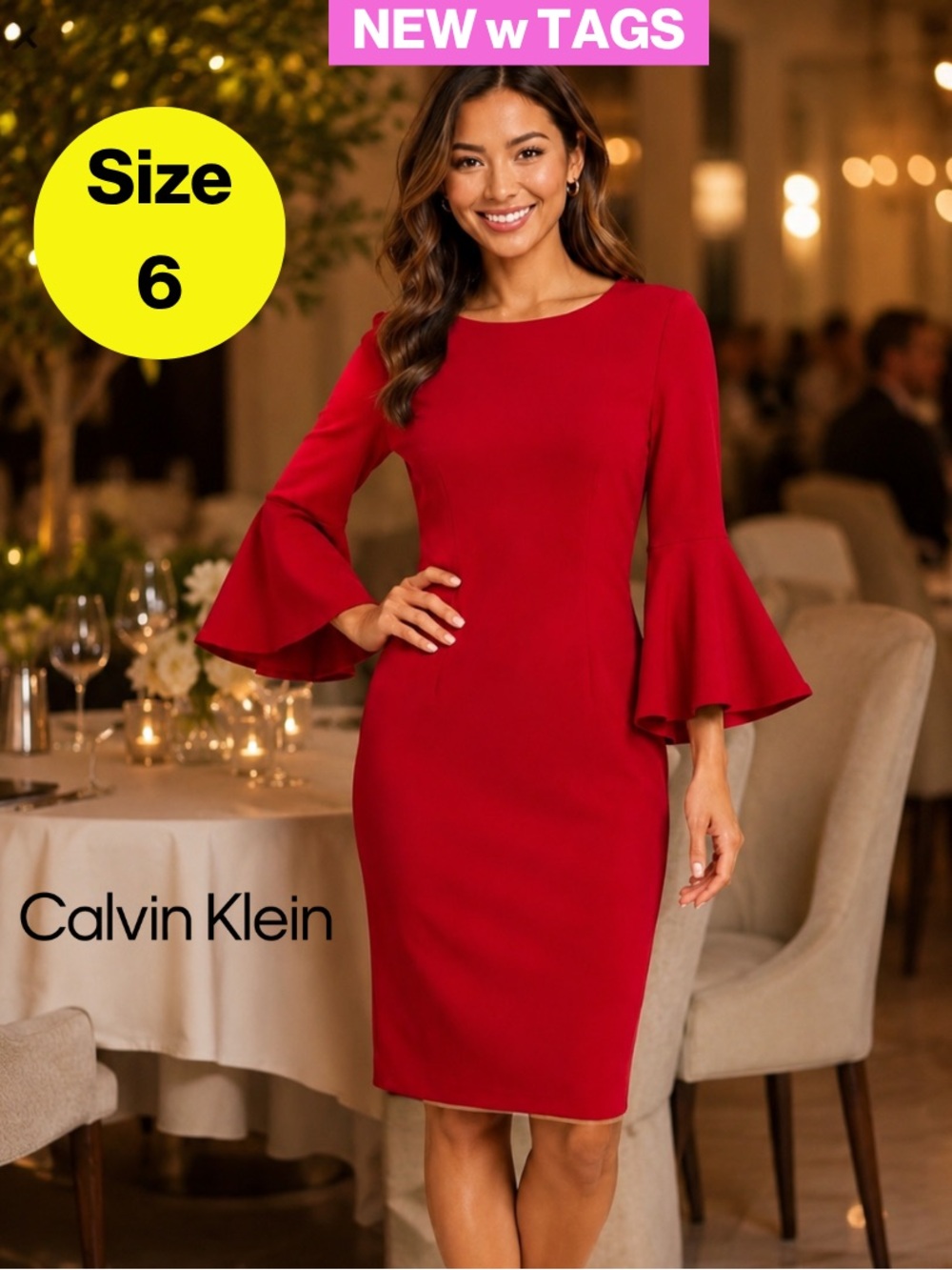 NEW w TAGS 🏷️ CALVIN KLEIN Red Sheath Dress, Bell Sleeves (Women’s Size 6)